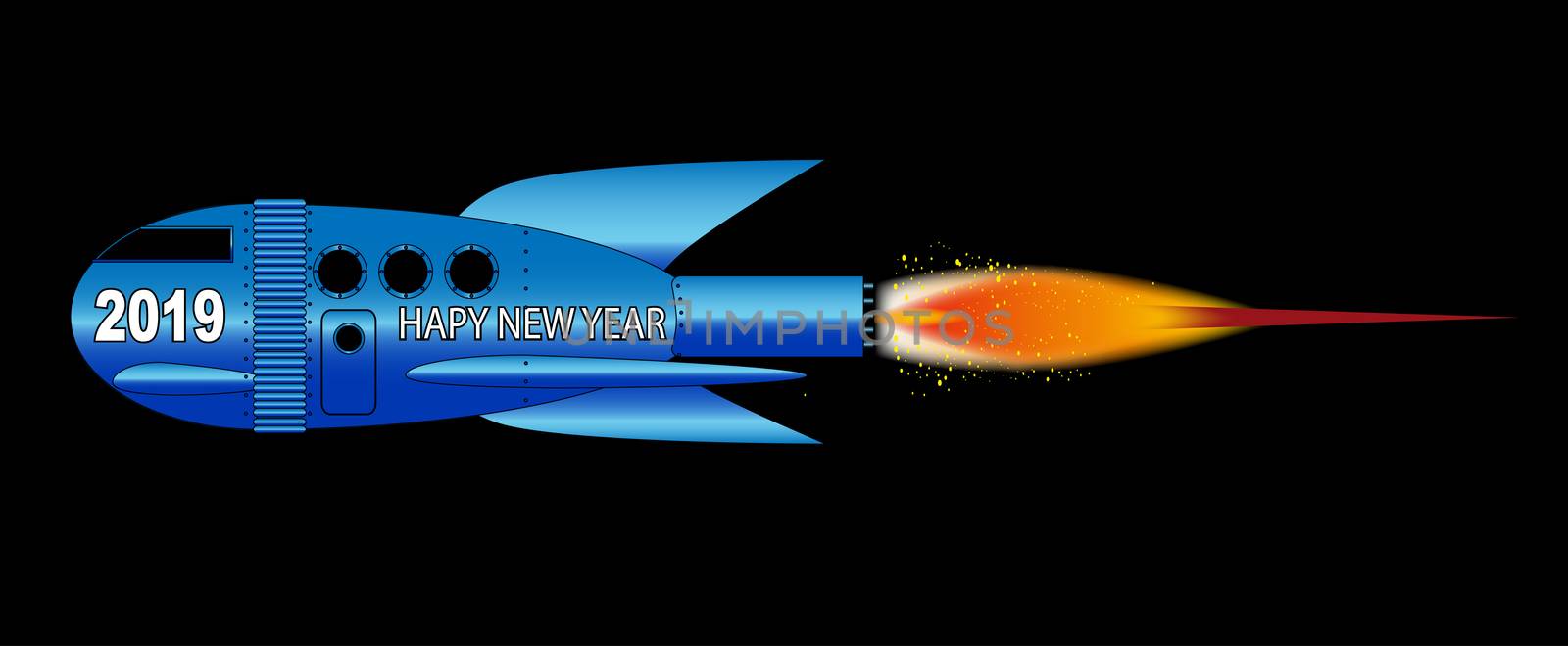 A cartoon space craft with a black background and the text 2019 Happy New Year