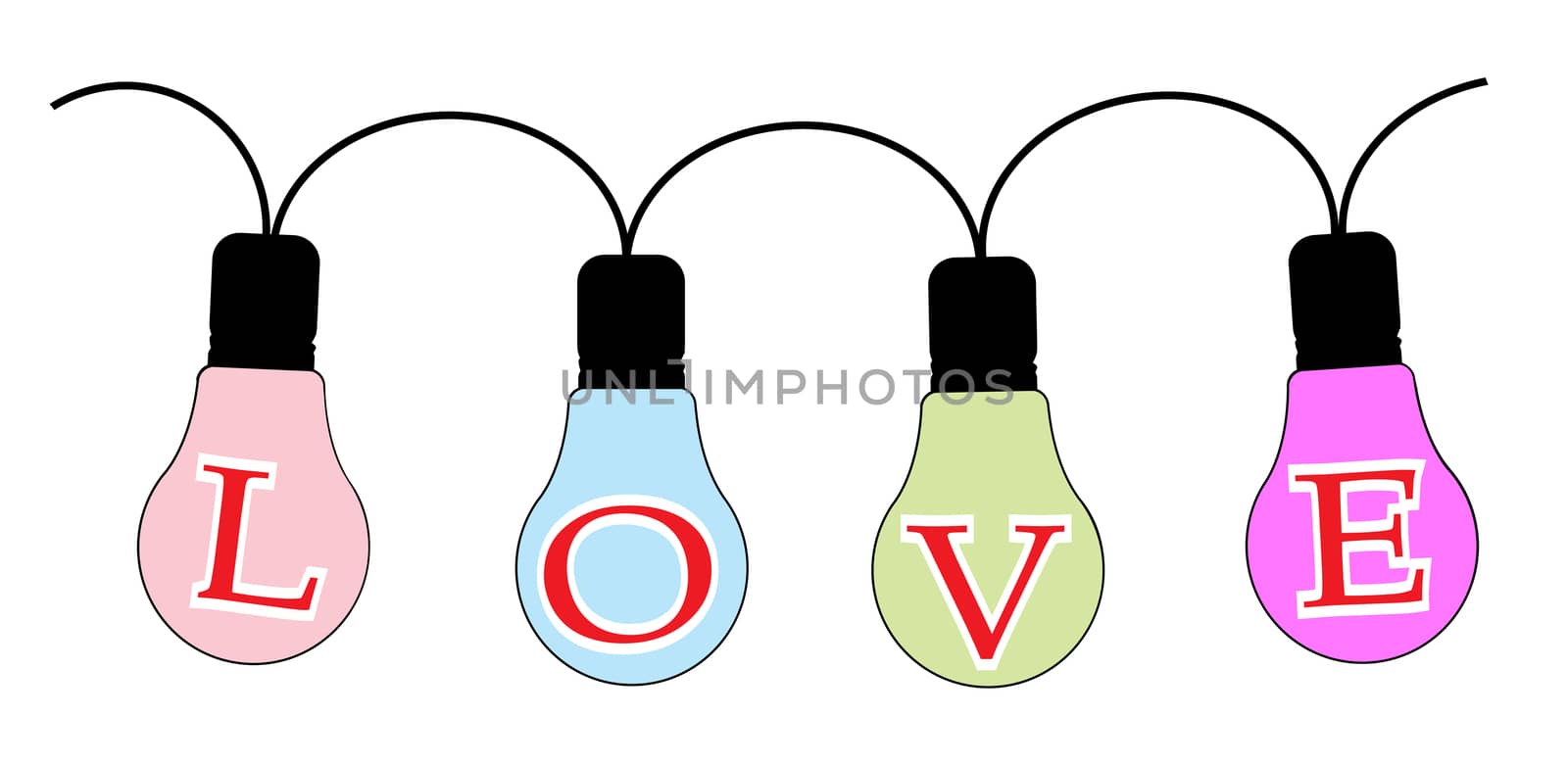 Set of 4 fairy lights on a white background with text spelling the word love