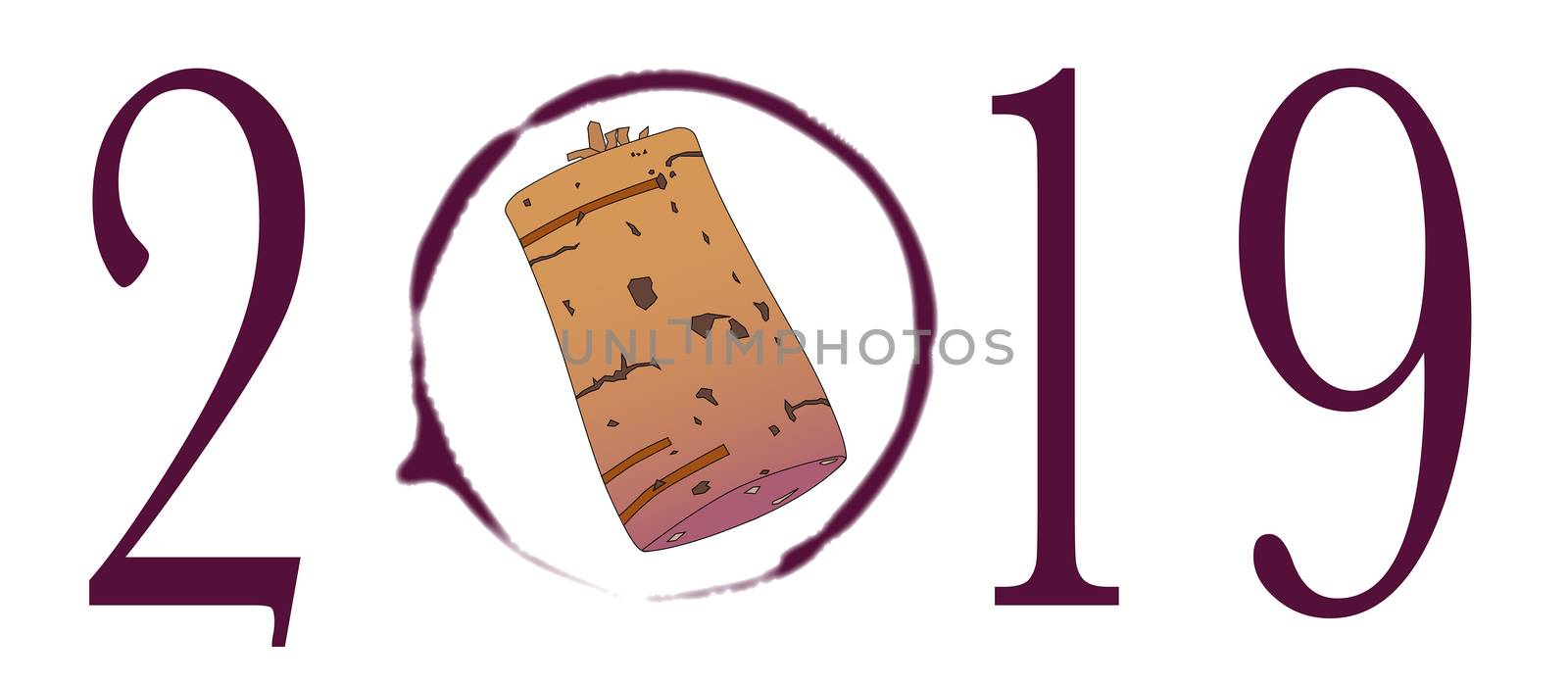 Wine glass ring and the new year 2019 with inset wine stained cork all isolated on white.