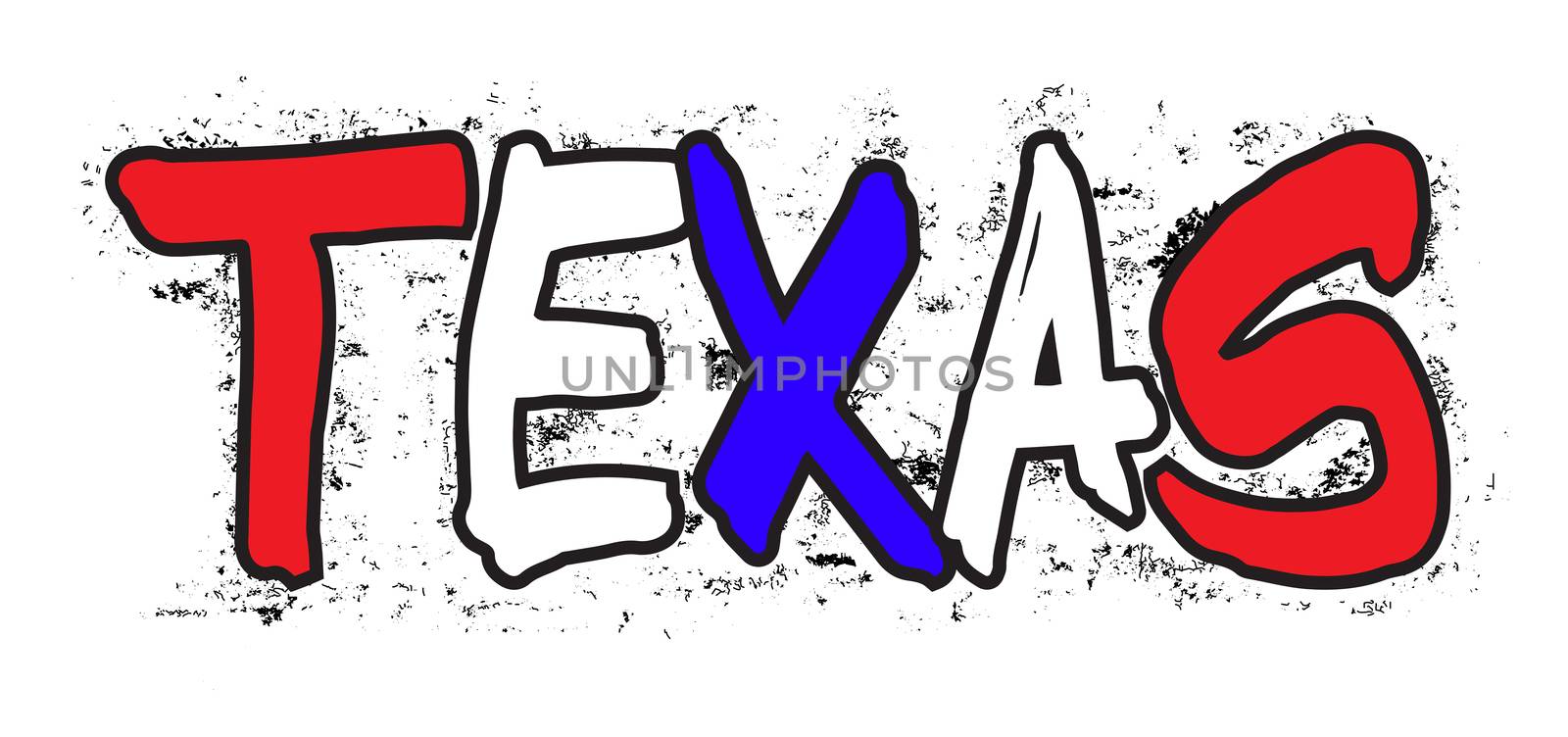 The word TEXAS sprayed onto a wall in red white and blue with a white background