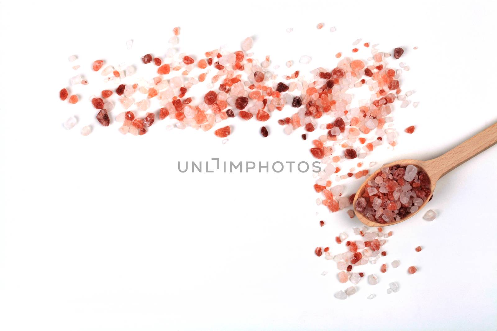 Himalayan Salt Cristals Frame With Brown Wood Spoon Isolated on White Background