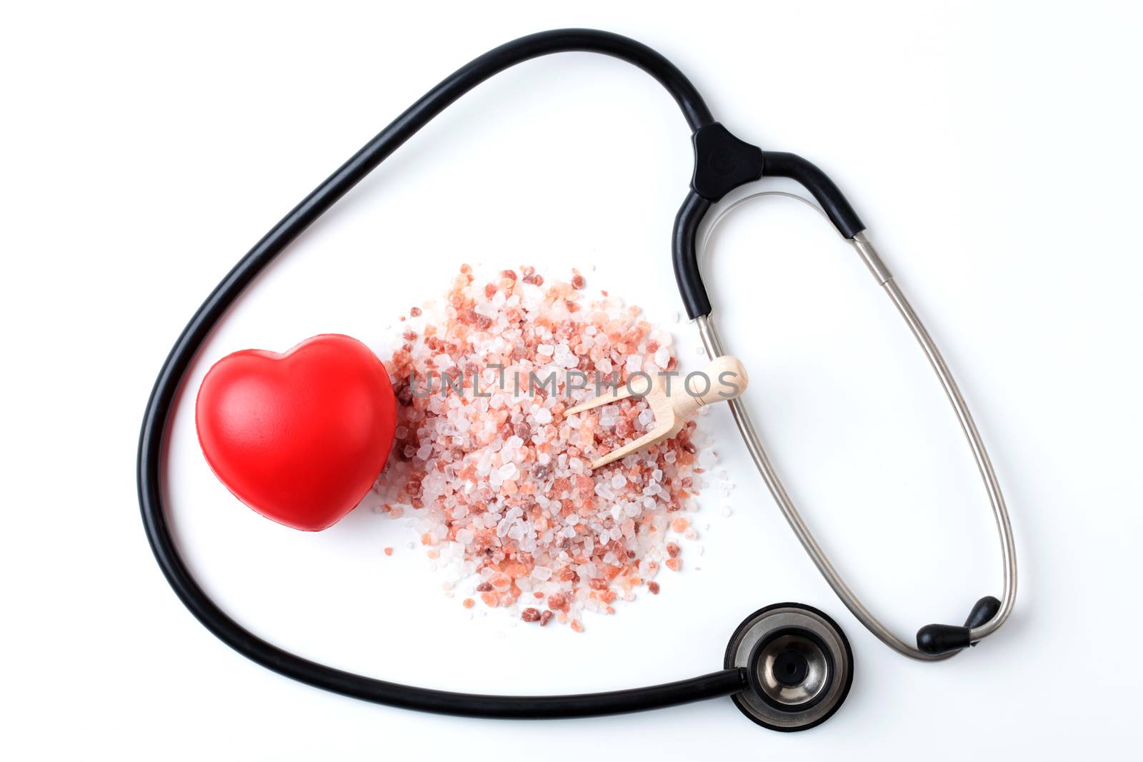 Red Heart with Black Stethoscope and Salt Isolated on White Background