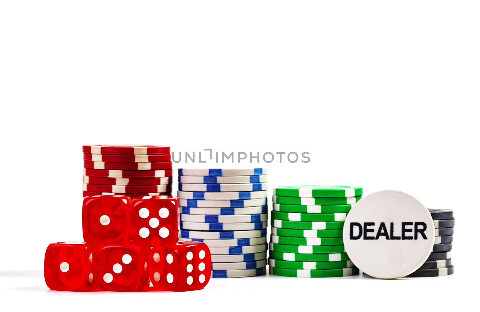 Casino Chips With Red Dice and Dealer Chip Isolated on White Background