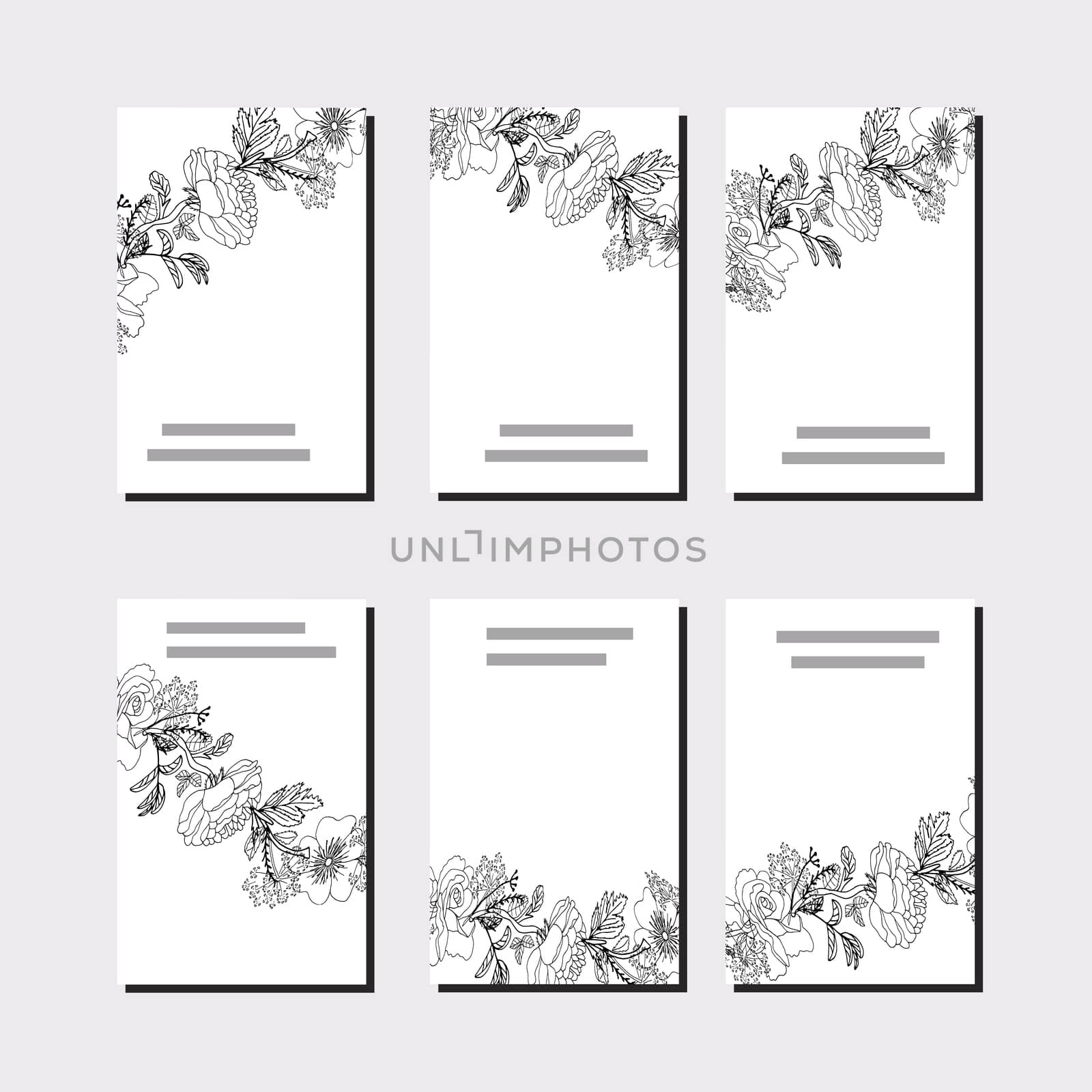 Collection with six floral design cards. Black roses on white background.