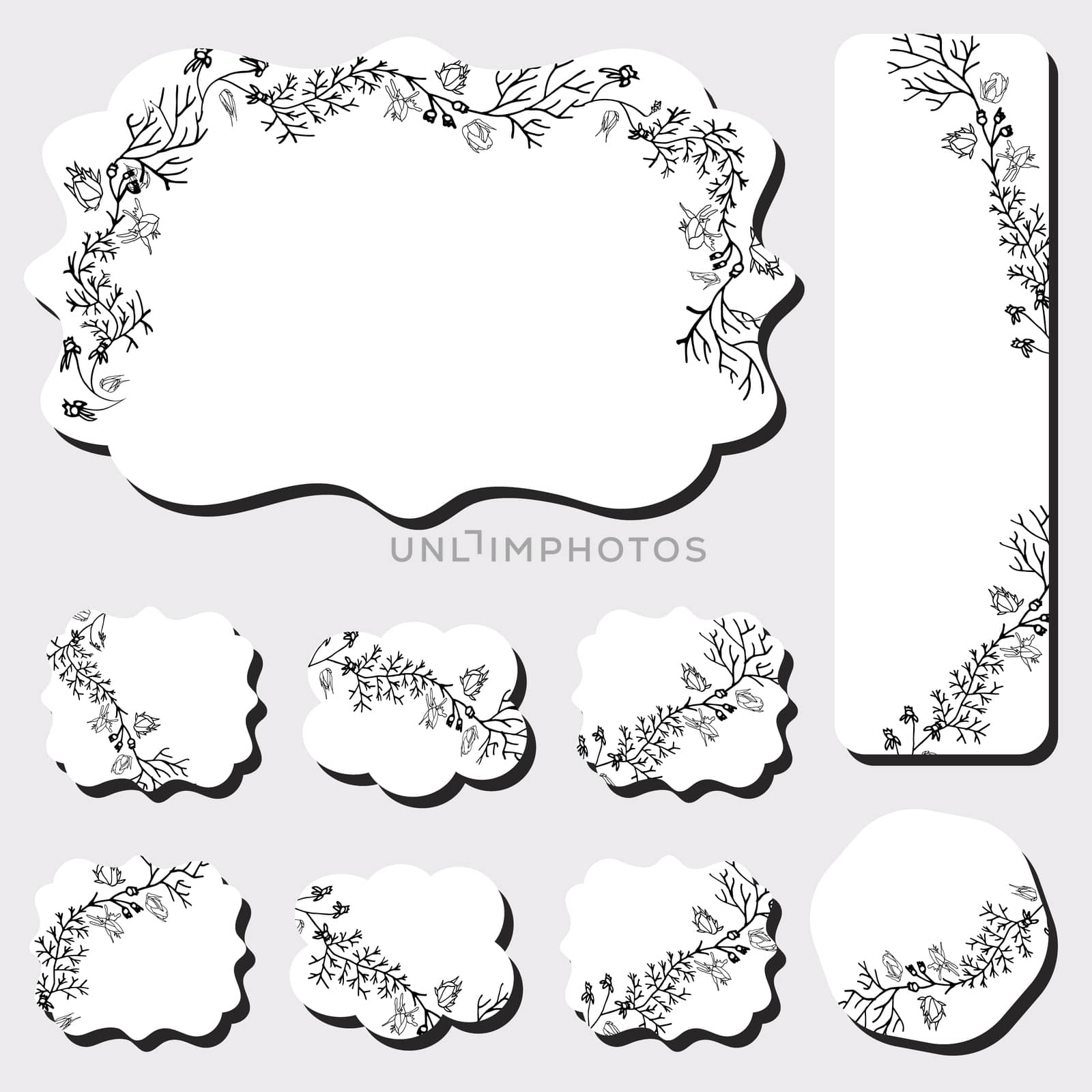 Different shape cards with black floral design on white background. 