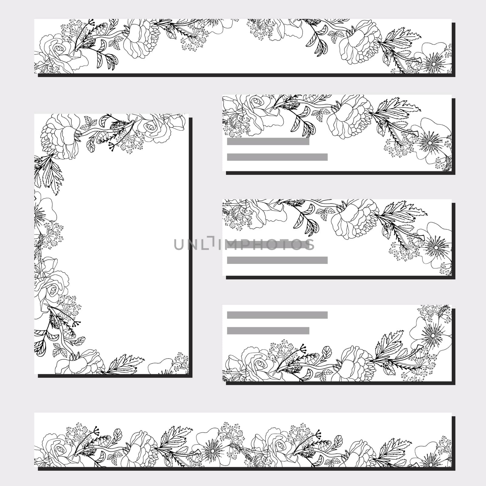 Set of cards with black roses on white background. Design for announcements, greeting cards, posters, advertisement.