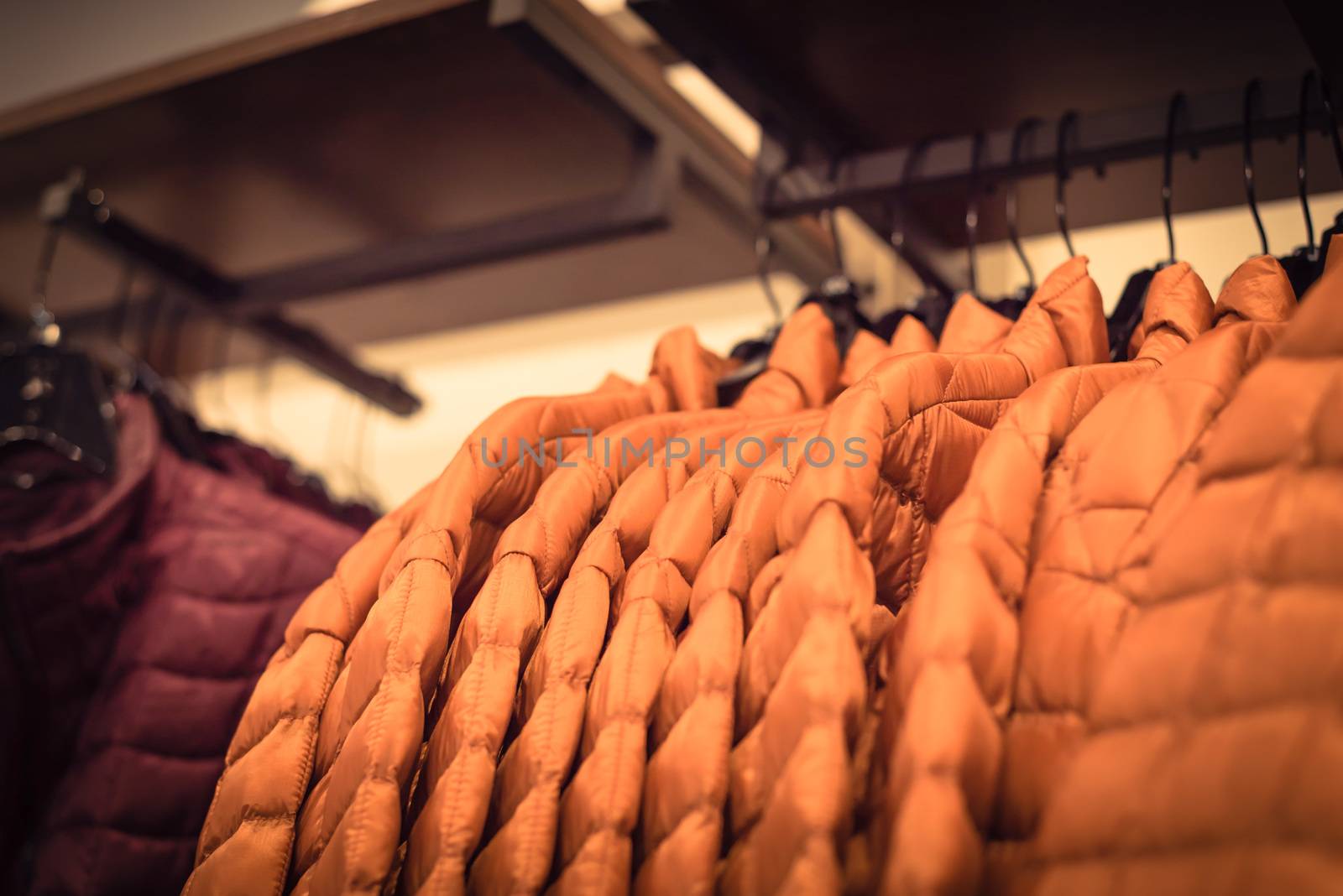 Filtered tone row of women down jackets at American outdoor clot by trongnguyen