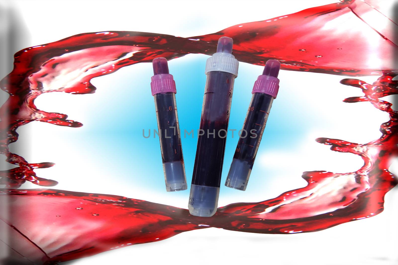 Blood collection tube filled with blood against background with blood spatter and drops. Concept blood loss.