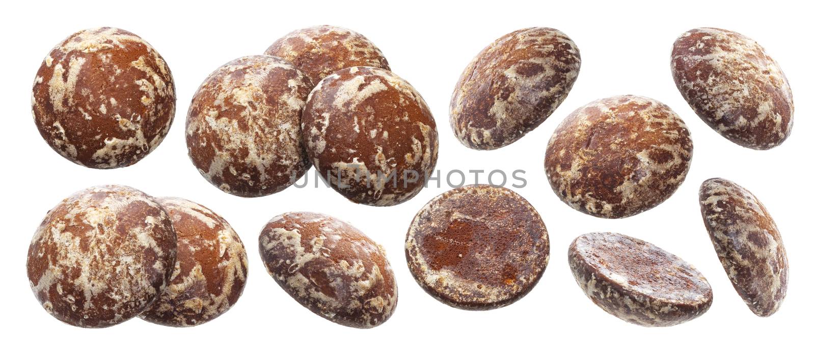 Traditional russian gingerbread isolated on white background with clipping path, biscuits collection, baked chocolate cookies