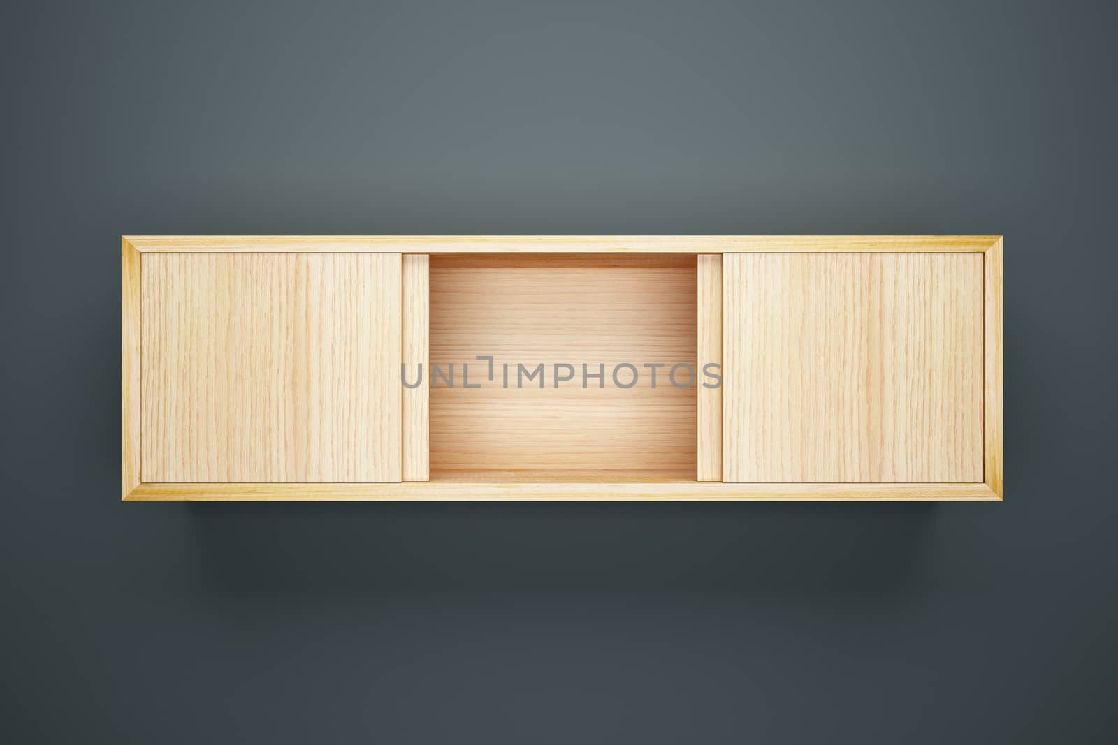 Wood cabinet on grey wall interior