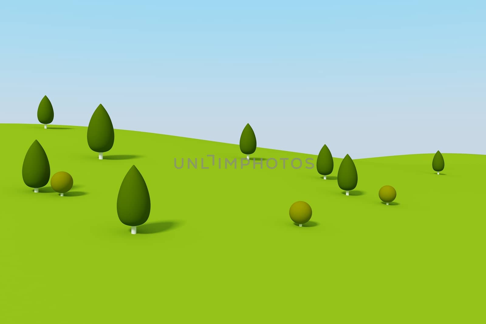 3d of abstract tree and green mountain