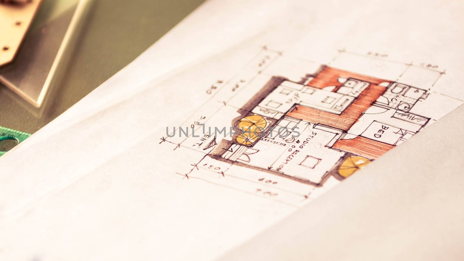 closeup of plan interior on white paper