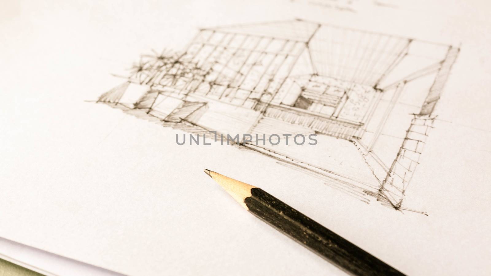 perspective sketch of interior design on white paper