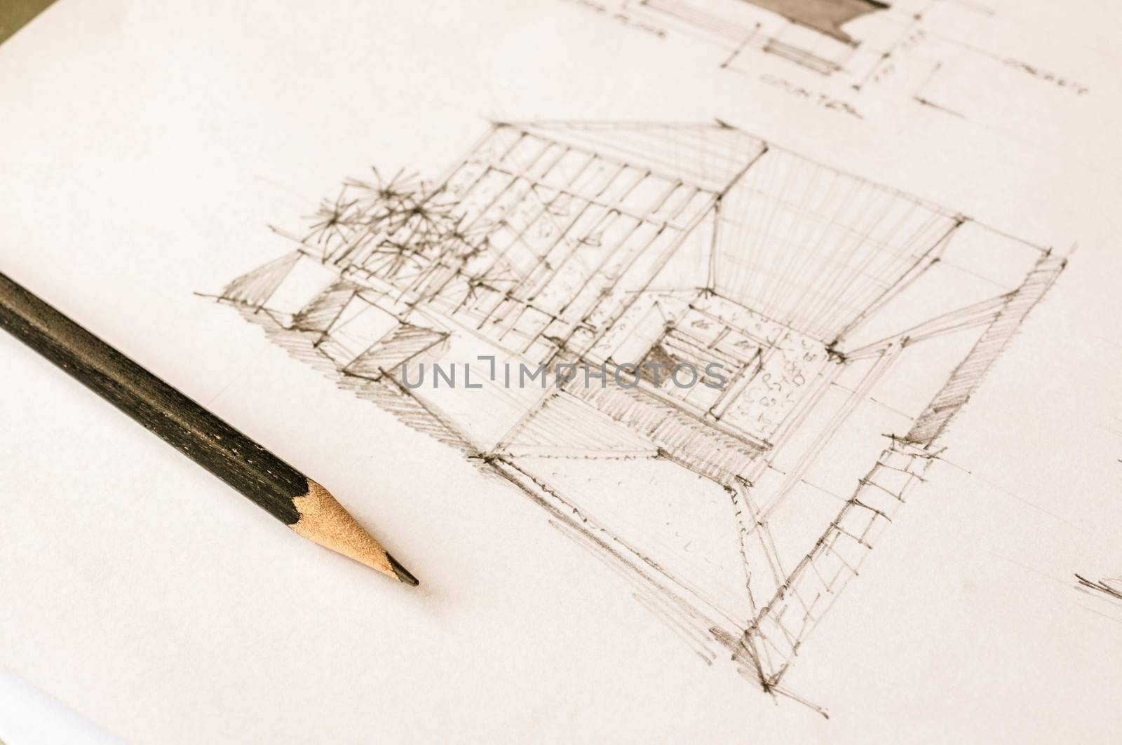 perspective sketch of interior design on white paper