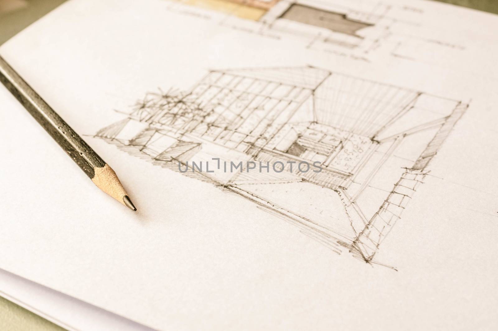 perspective sketch of interior design on white paper