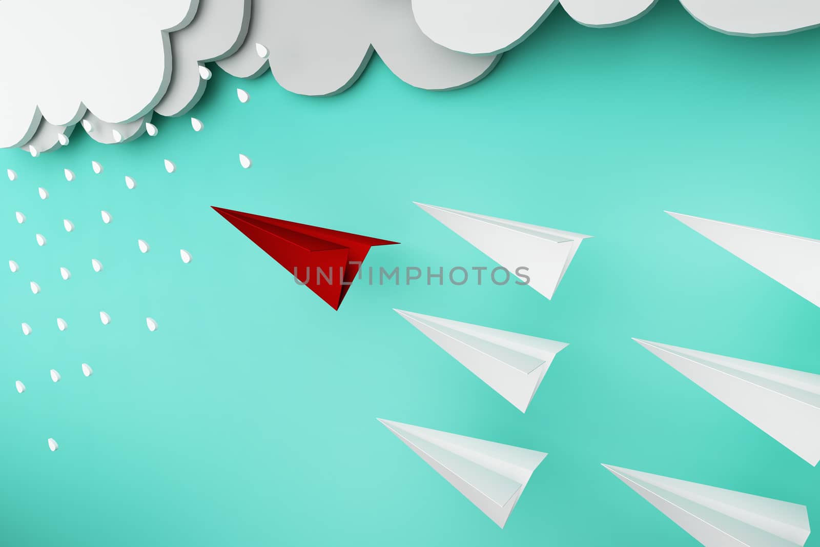 Red paper plane of leading leadership with rain concept