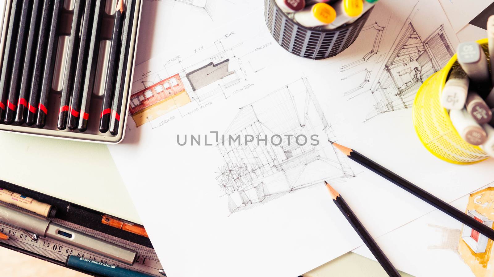 Top view of stationery tool element and sketching interior design