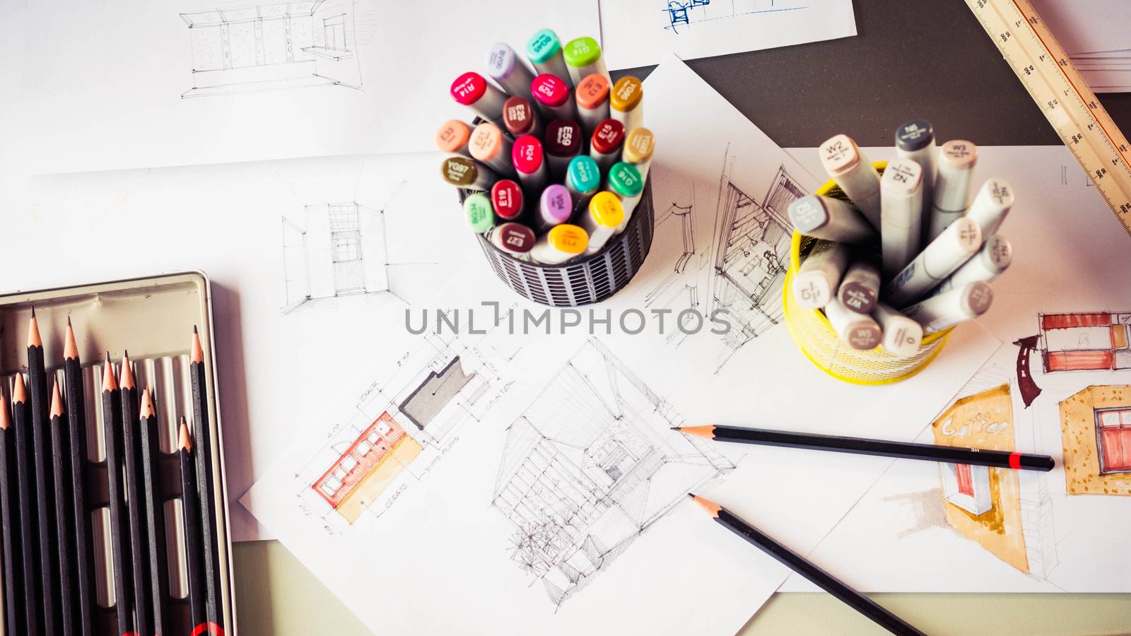 Top view of stationery tool element and sketching interior design