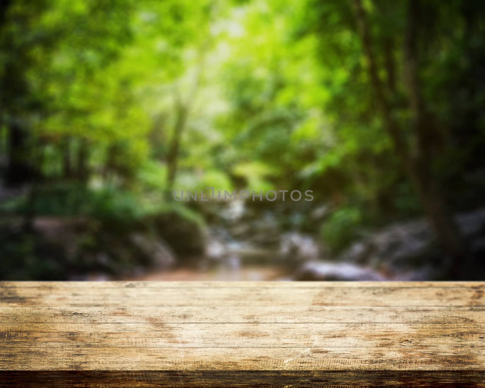 Top table  wood and waterfall natural park background