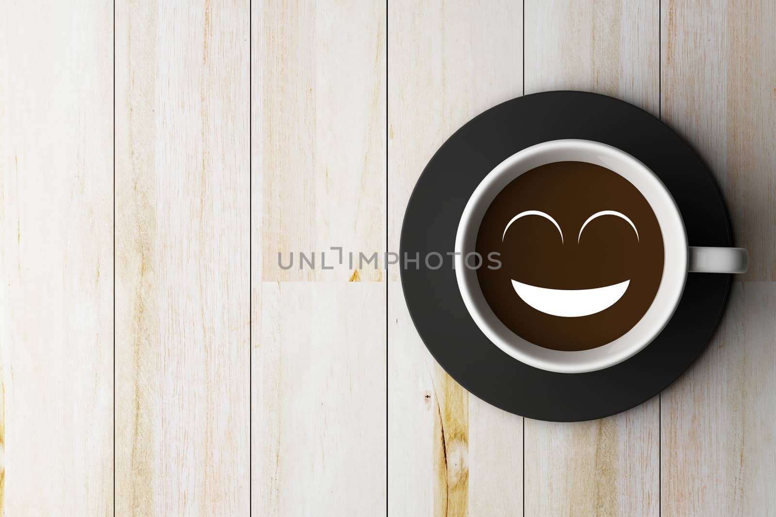 Coffee cup on wooden and smile face conception