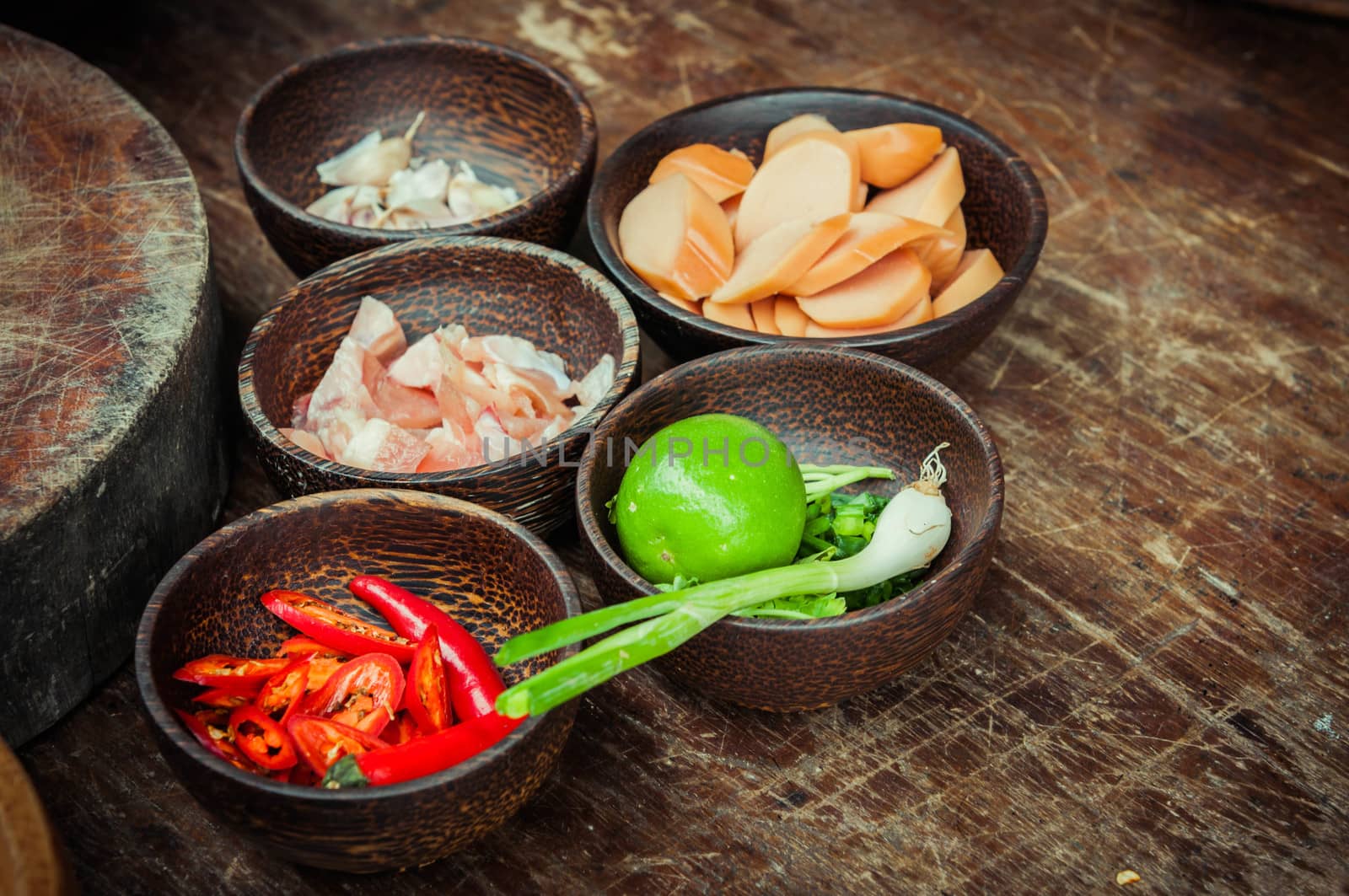 ingredient of raw food in small wood cup