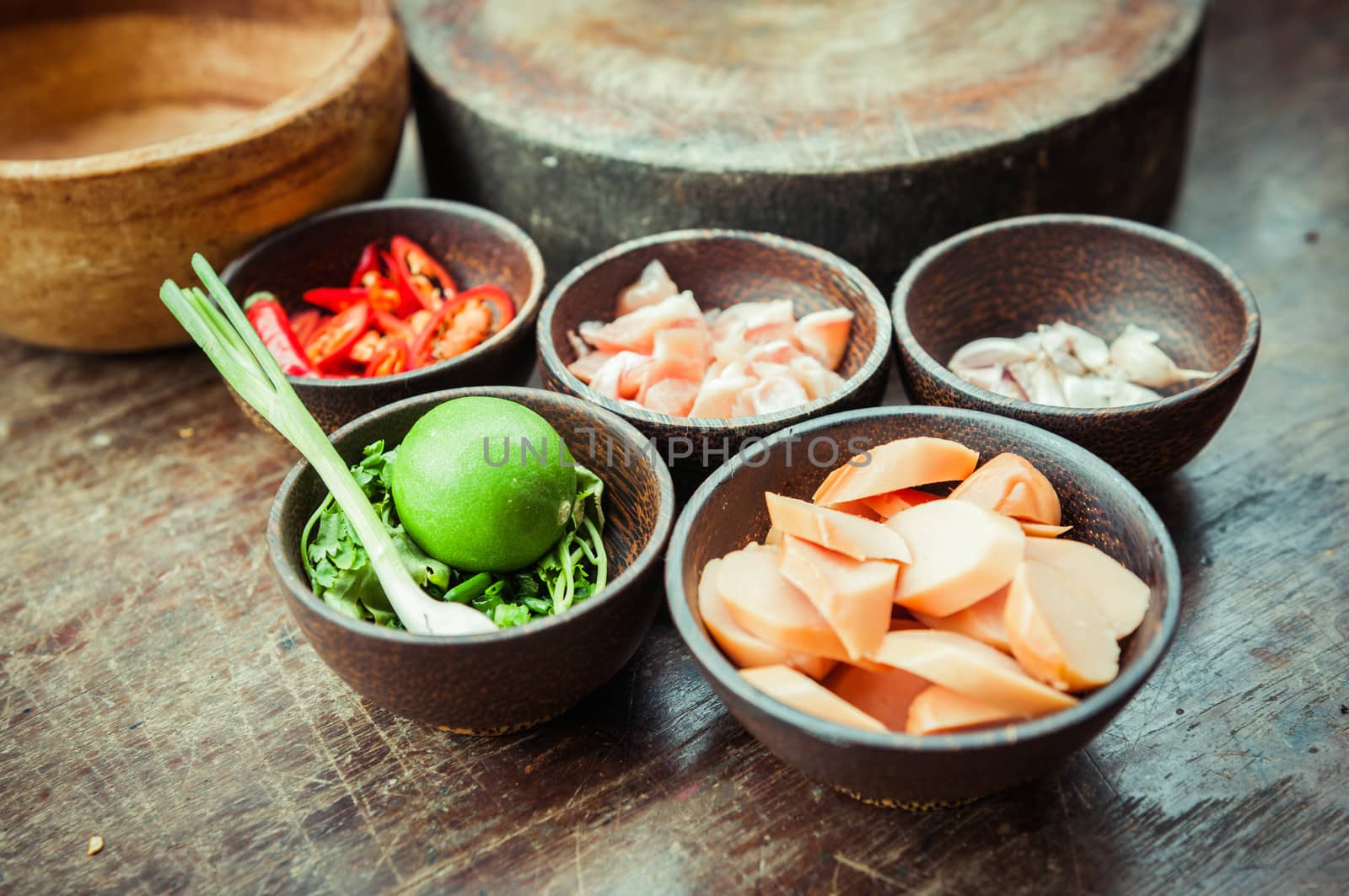 ingredient of raw food in small wood cup