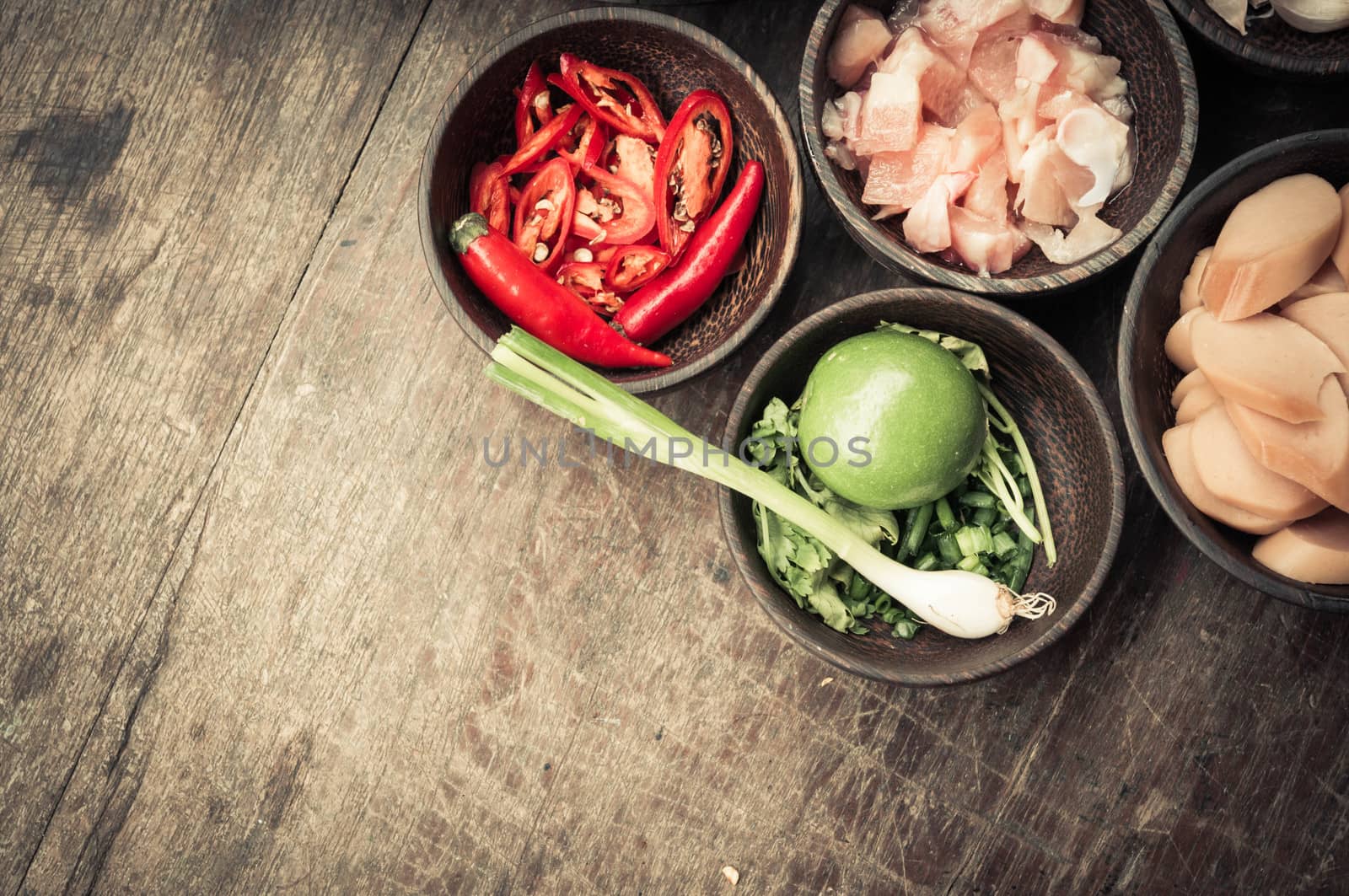 top view of ingredient raw food on wood table