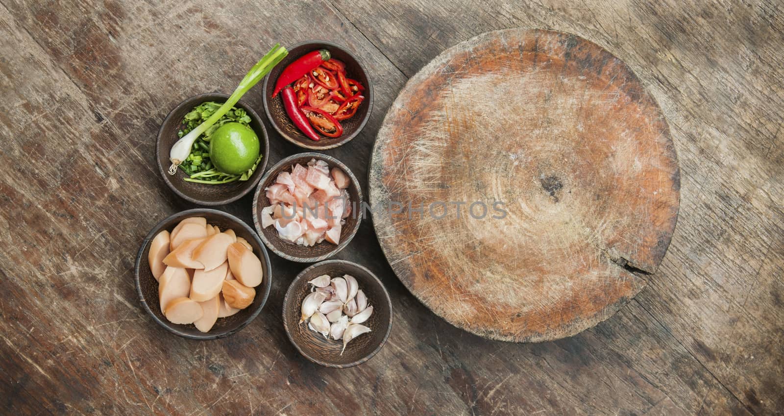 top view of ingredient raw food on wood table