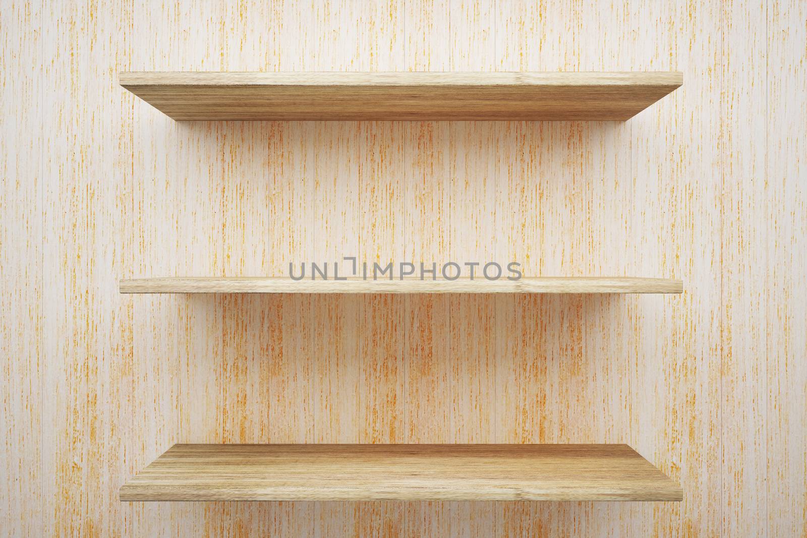 Wooden shelves on wood wall background