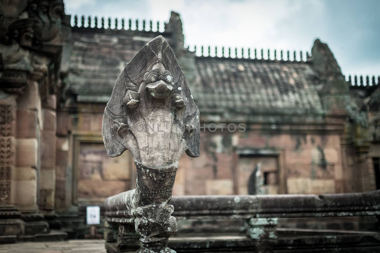 Closeup of Serpent Five Head Sculture in Wat Khao Phanom Rung Castle in Buriram Province, Thailand