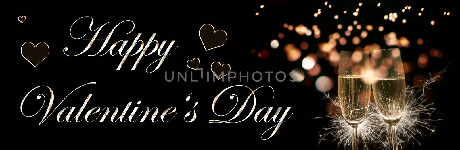 Image of two champagne glasses and text Happy Valentine's Day