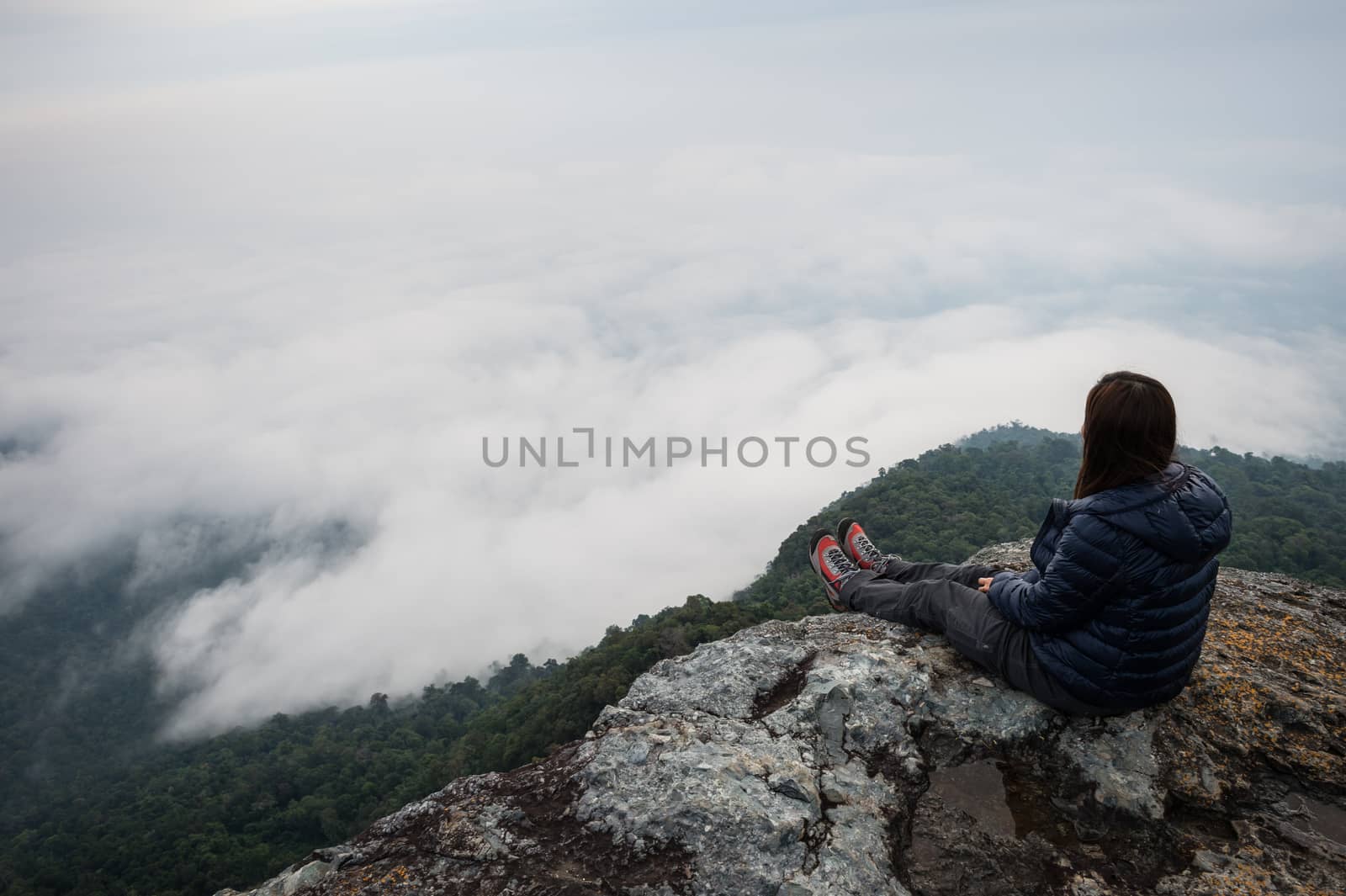 woman people looked fog and clouds sky landscape