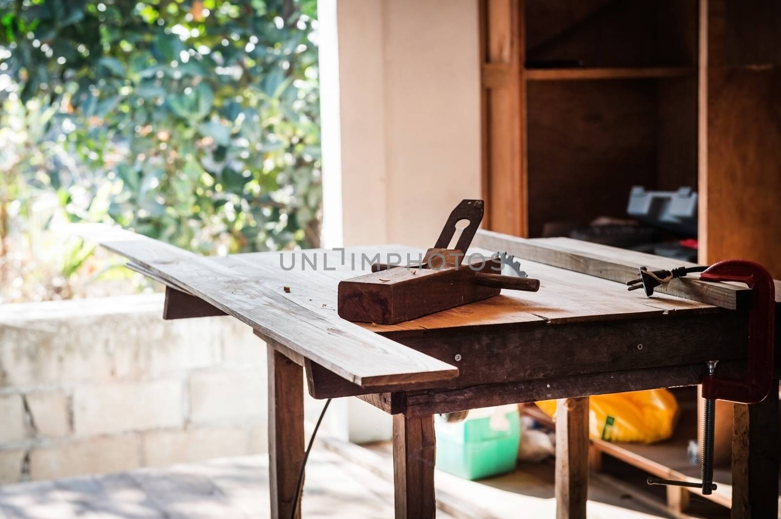 closeup of table and carpenter tool