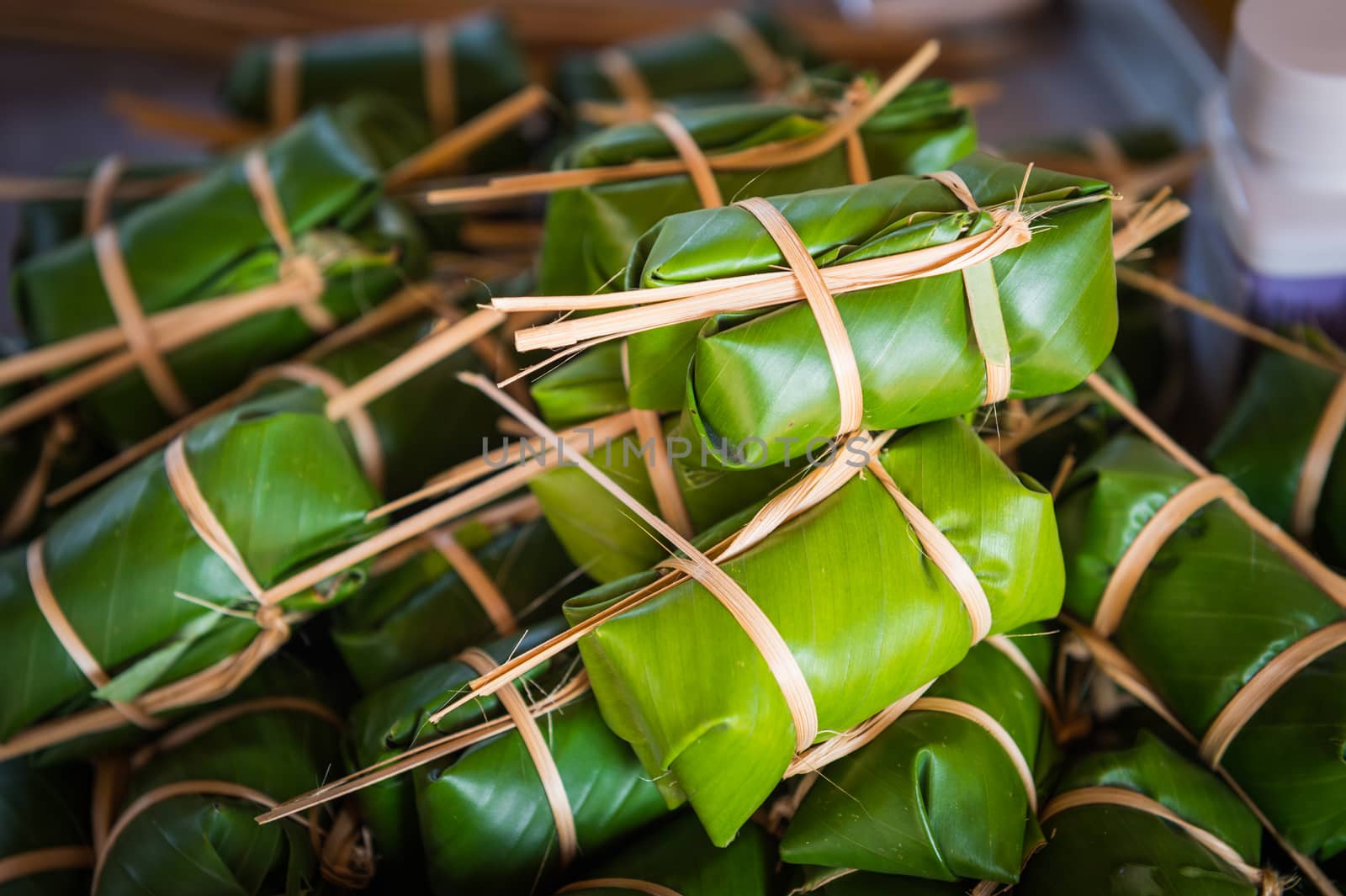 closeup of Khao Tom Mad, dessert food of Thailand culture