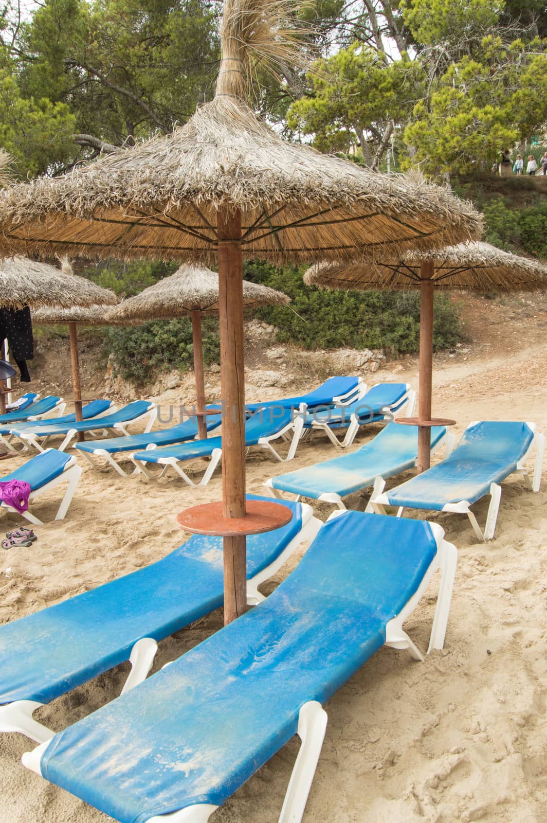 Chaise Lounges and straw umbrellas on the beautiful sandy beach of Palma de Mallorca.