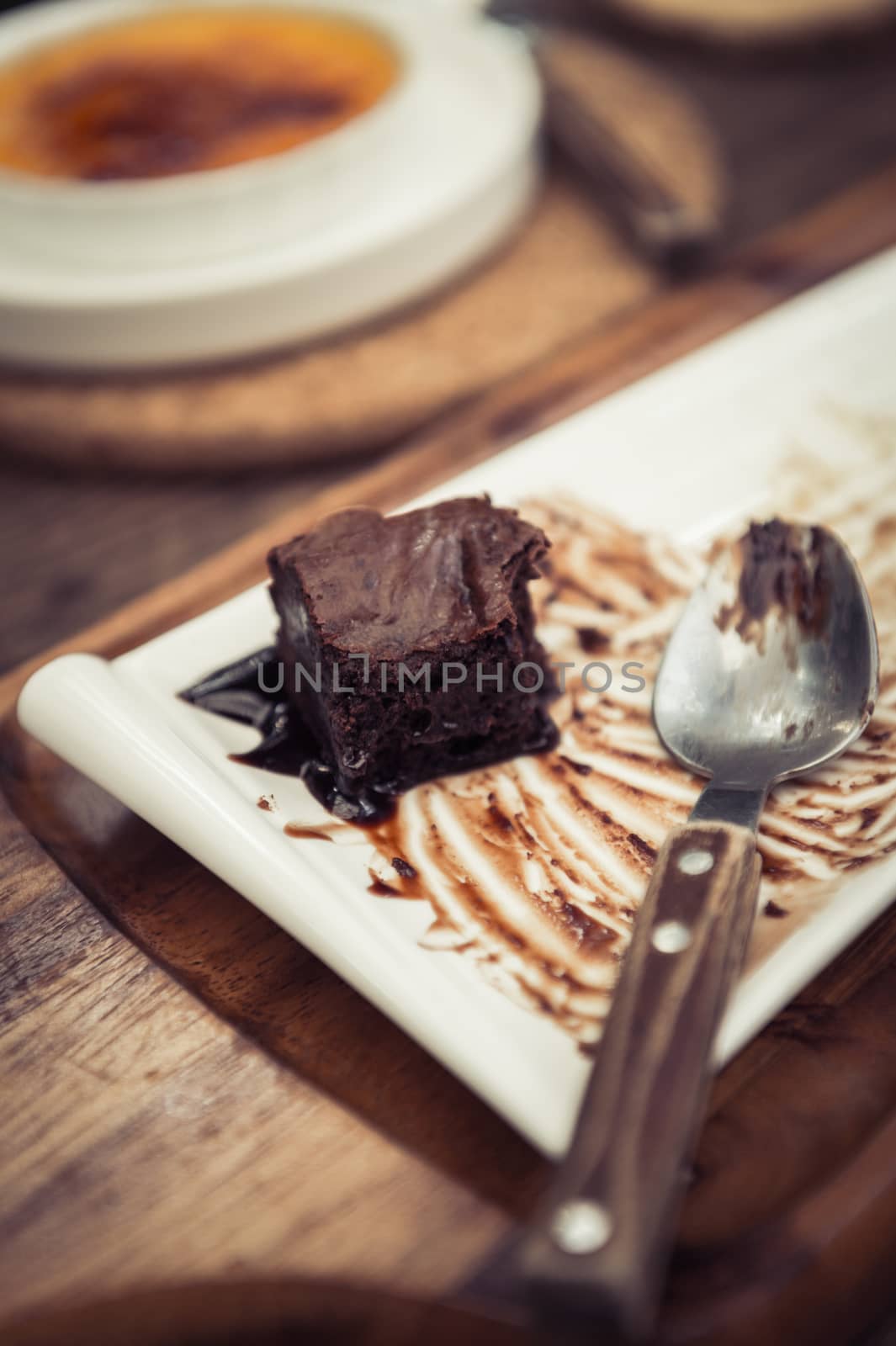 chocolate cake on white dish closeup