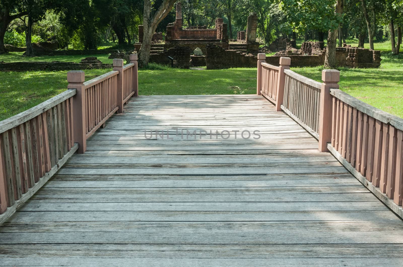 Closeup of Wood Bridge in garden