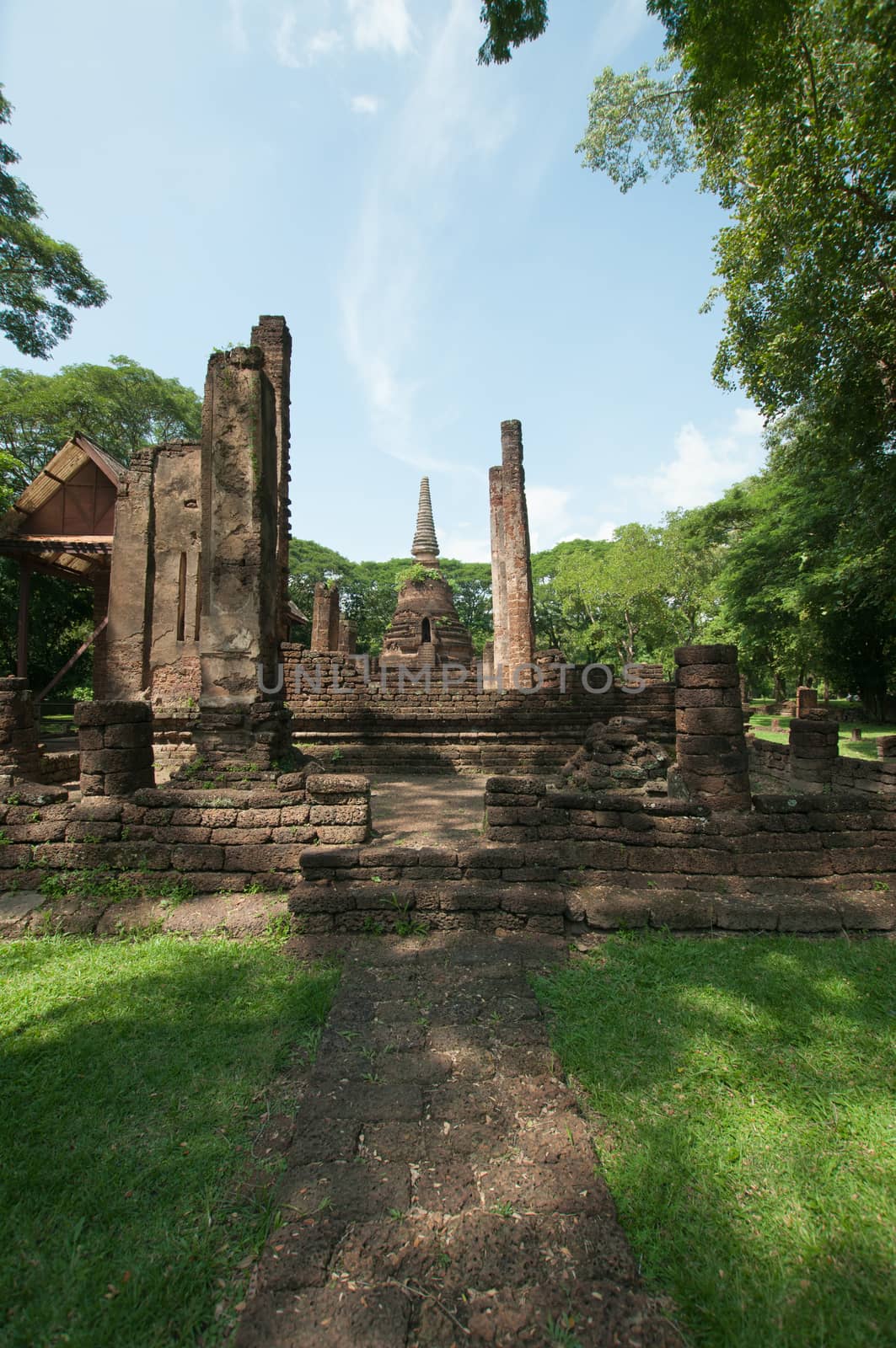 Old city of worship place landmarks, history park of Si-Satchanalai, Sukhothai province, Thailand.