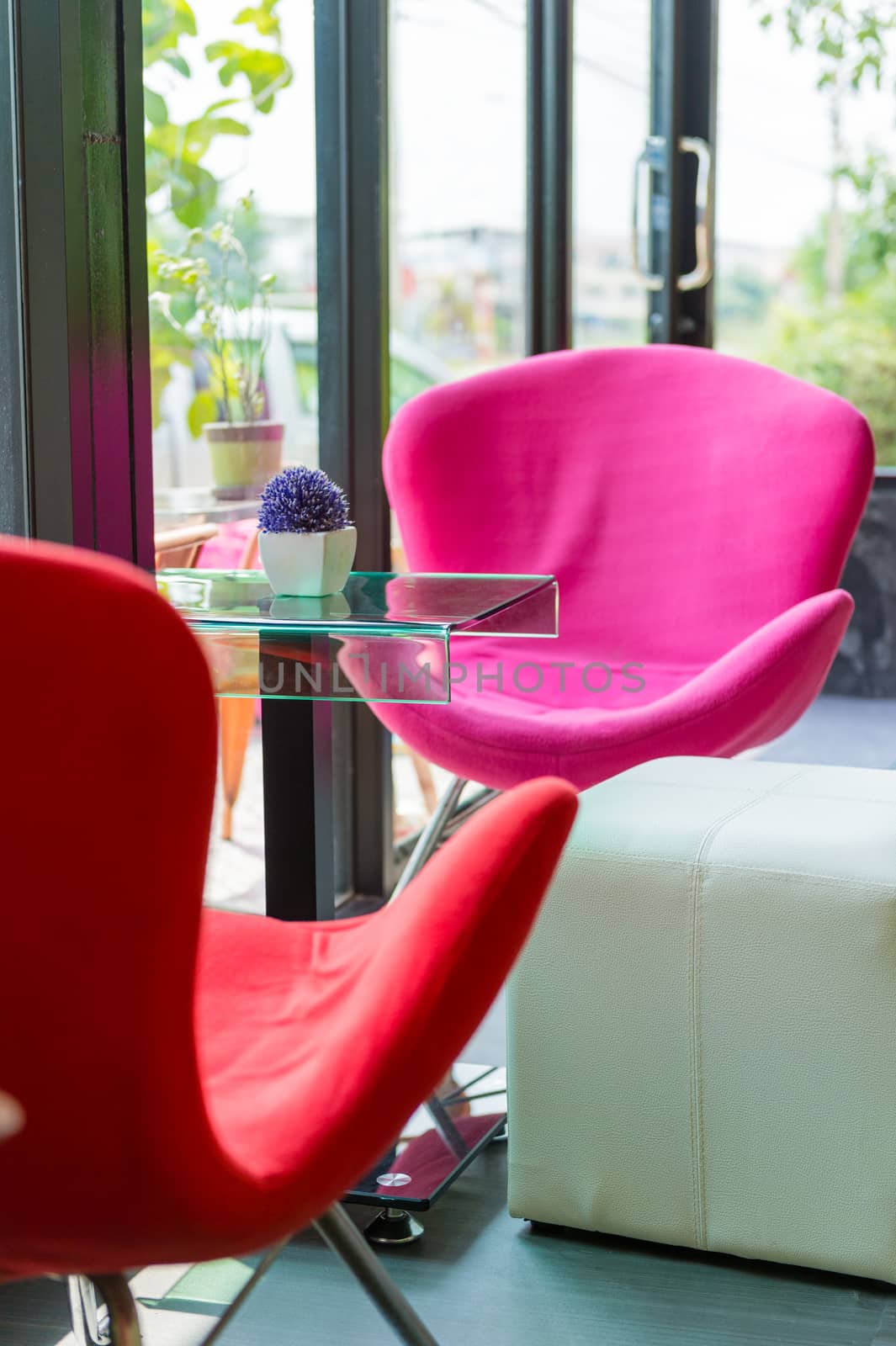 Pink modern chair set in coffee shop