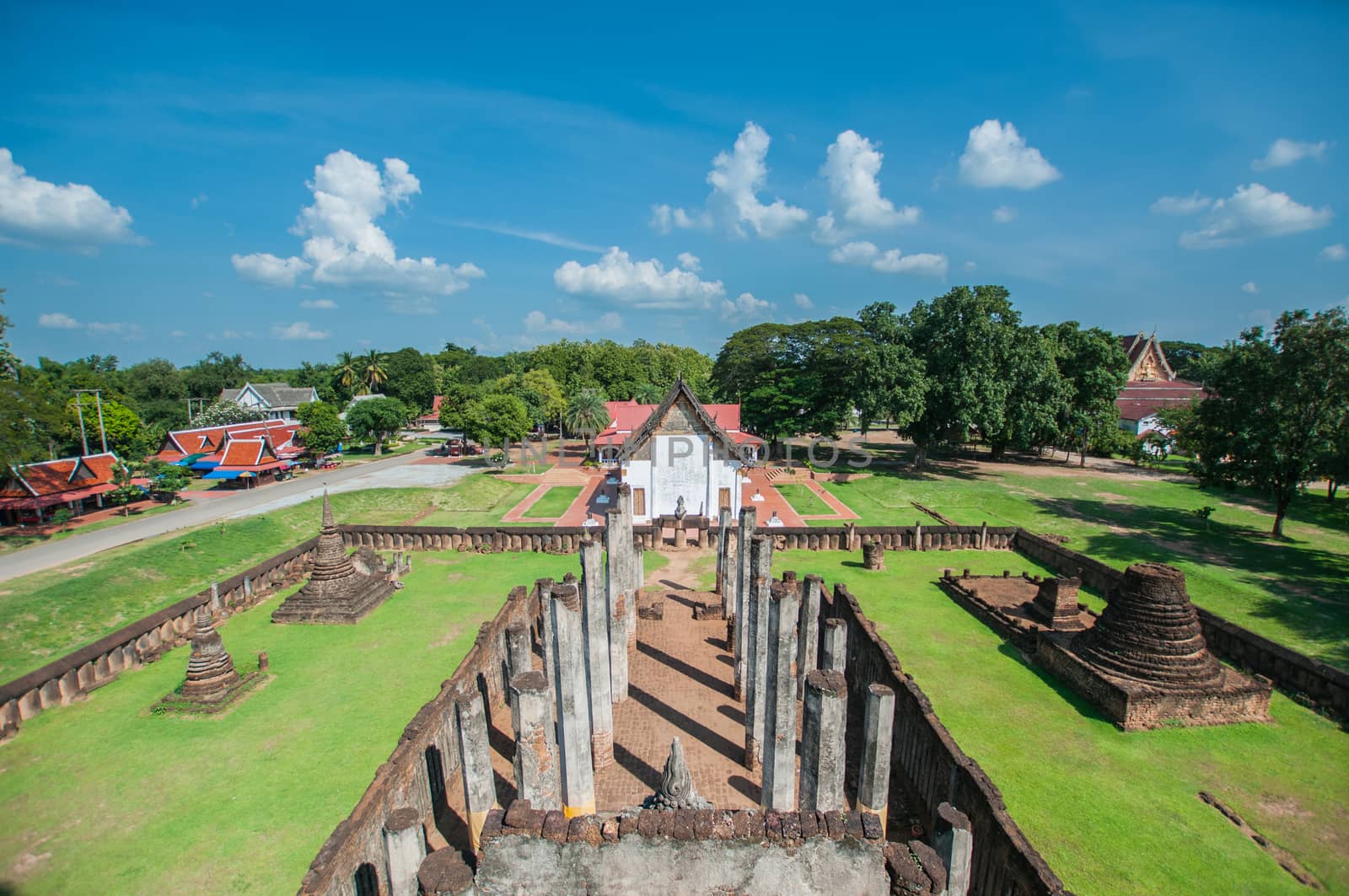 Old city of worship place landmarks, history park of Si-Satchanalai, Sukhothai province, Thailand.