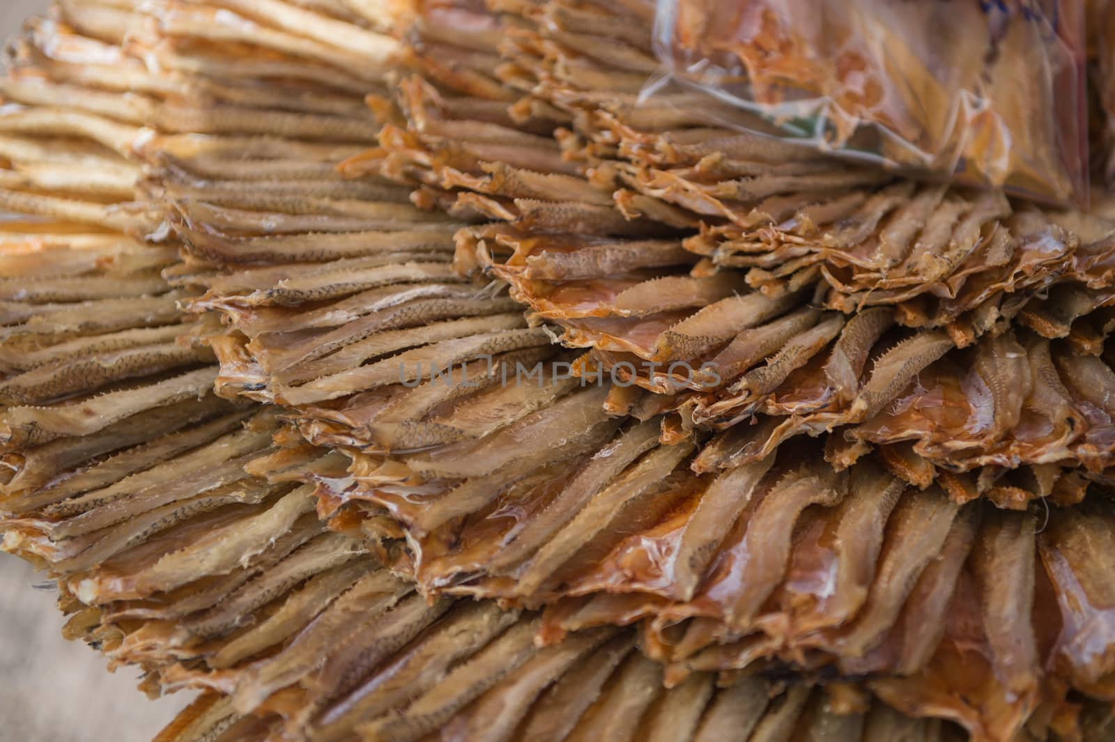 Closeup of dried fish preservation in food market