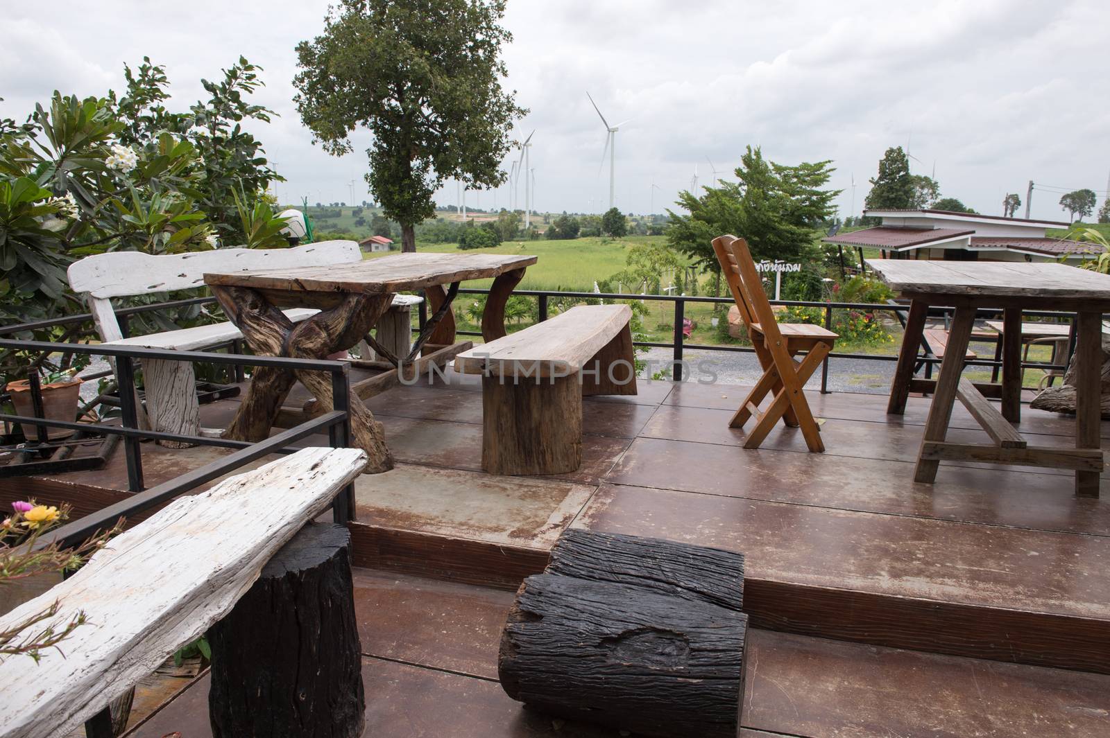 Wood table and chair on terrace