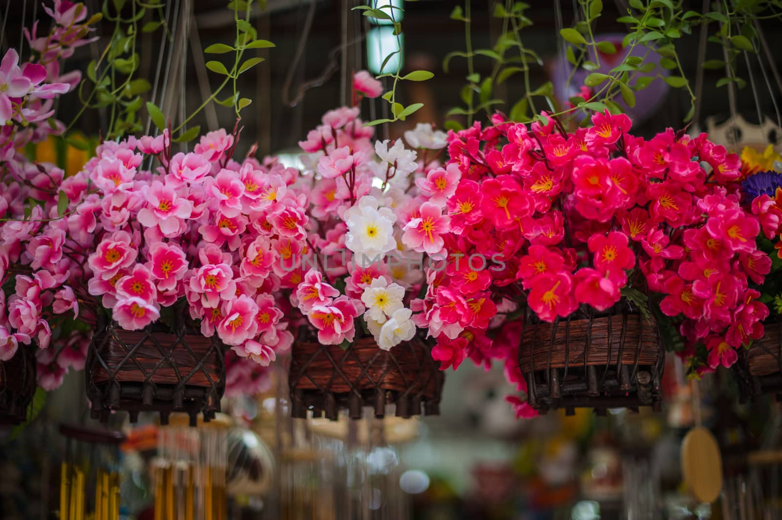 Closeup of beautiful Plastic flower in pot