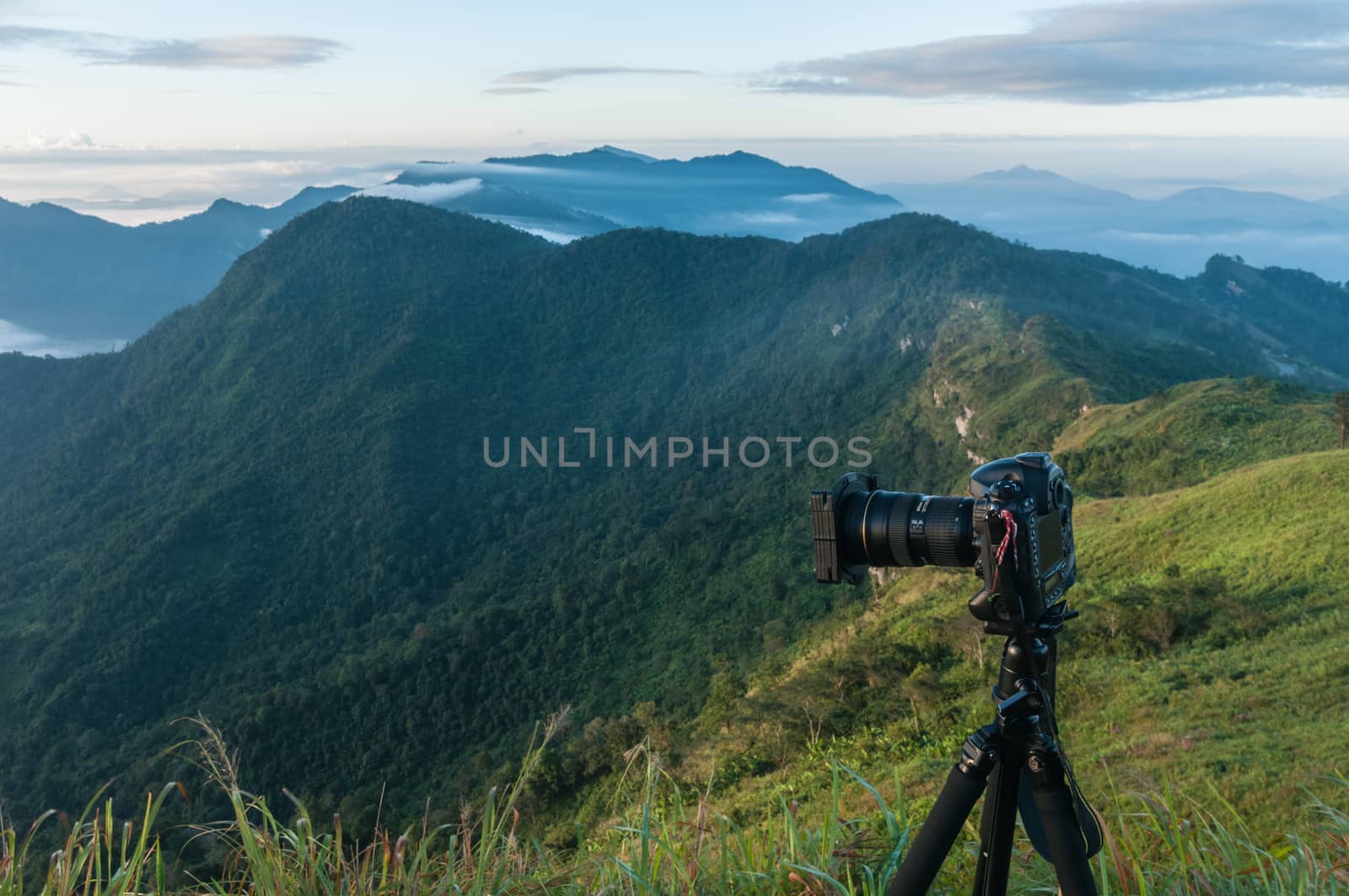 Camera take a photo of sunrise view landscape, Traveler conception.