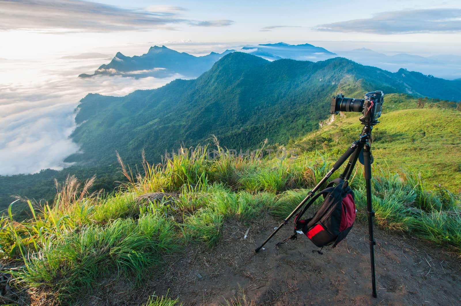 Camera take a photo of sunrise view landscape, Traveler conception.