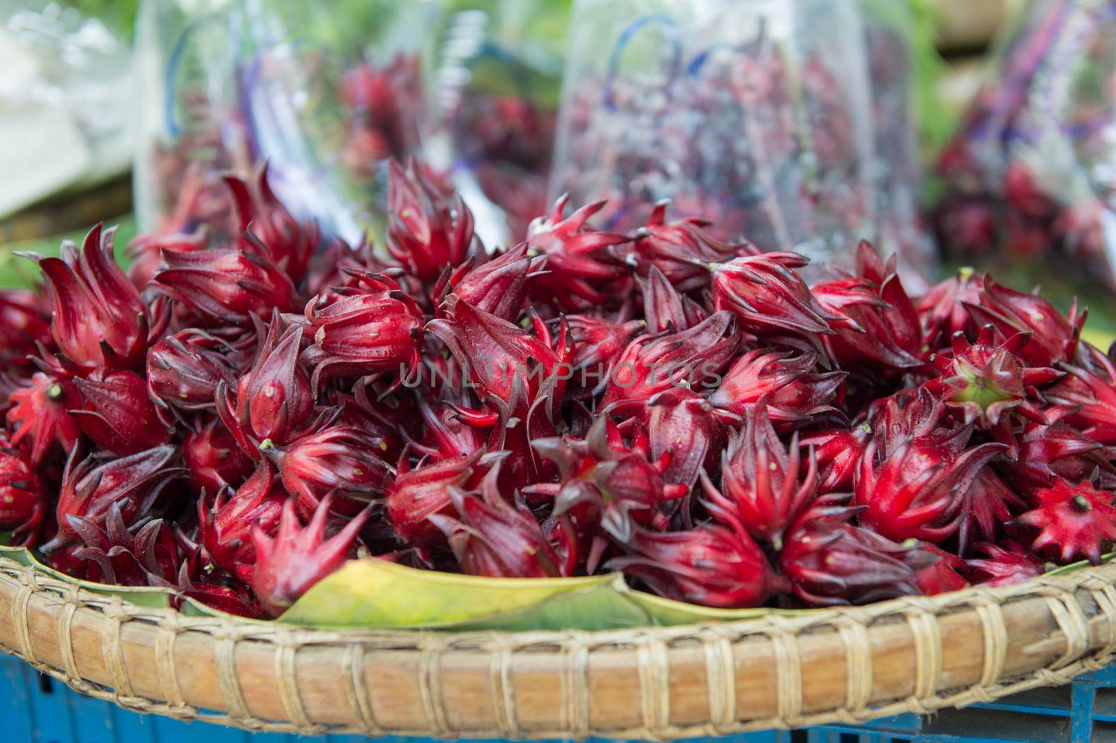 Closeup of red roselle in market