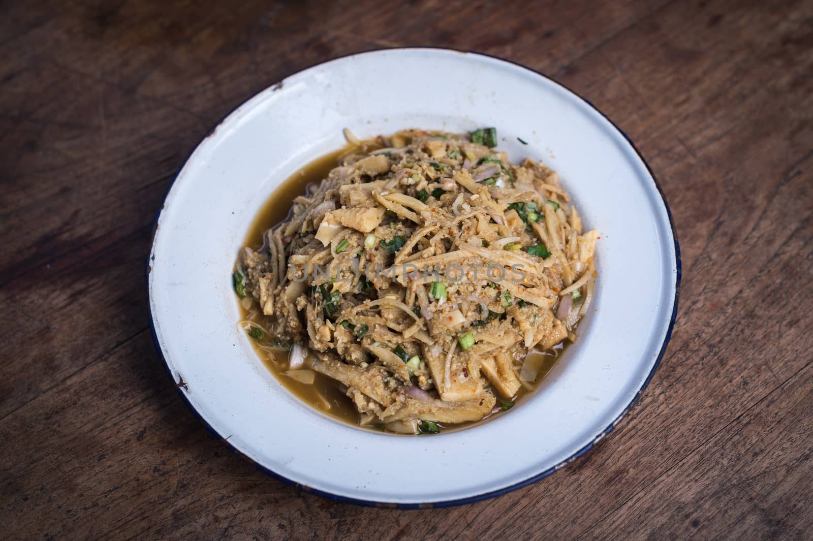 Closeup of asian food style on wooden floor