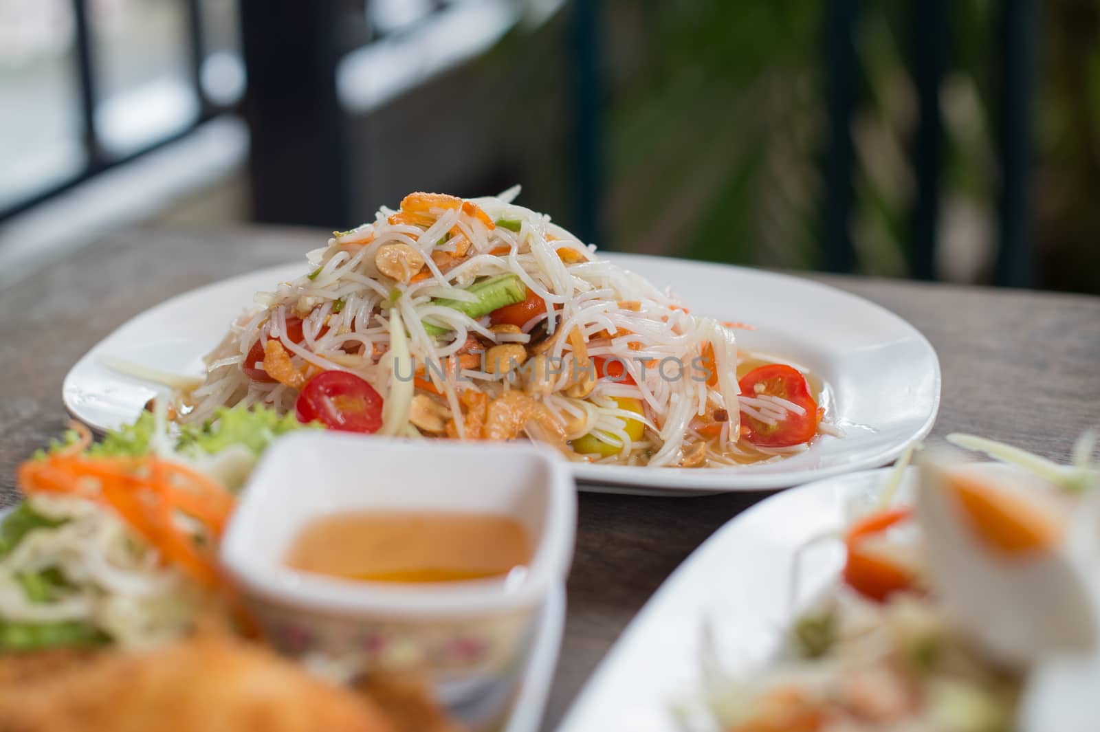 Closeup of asian food on table