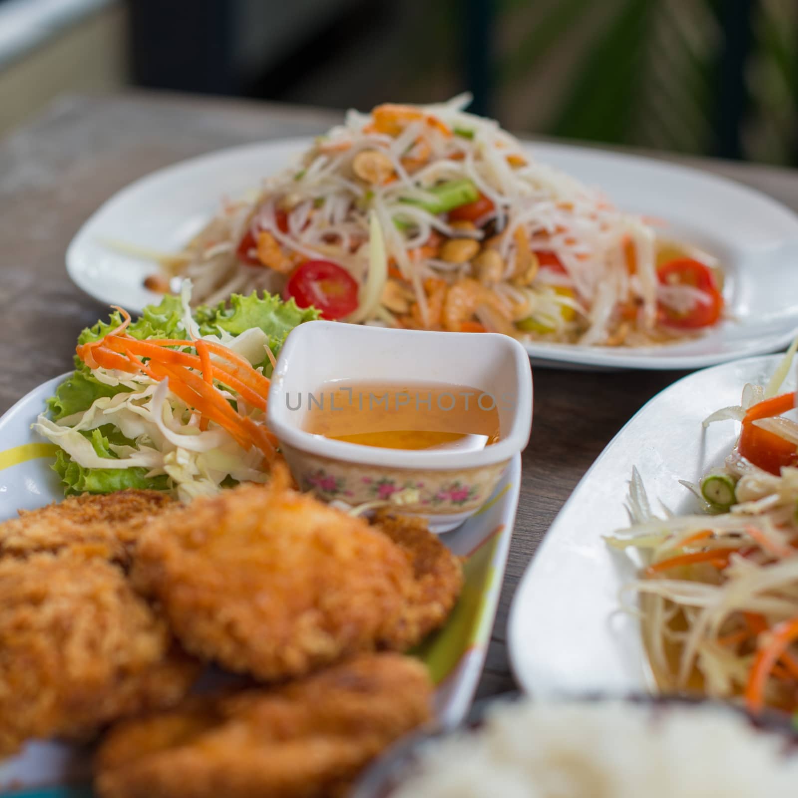 Closeup of asian food on table