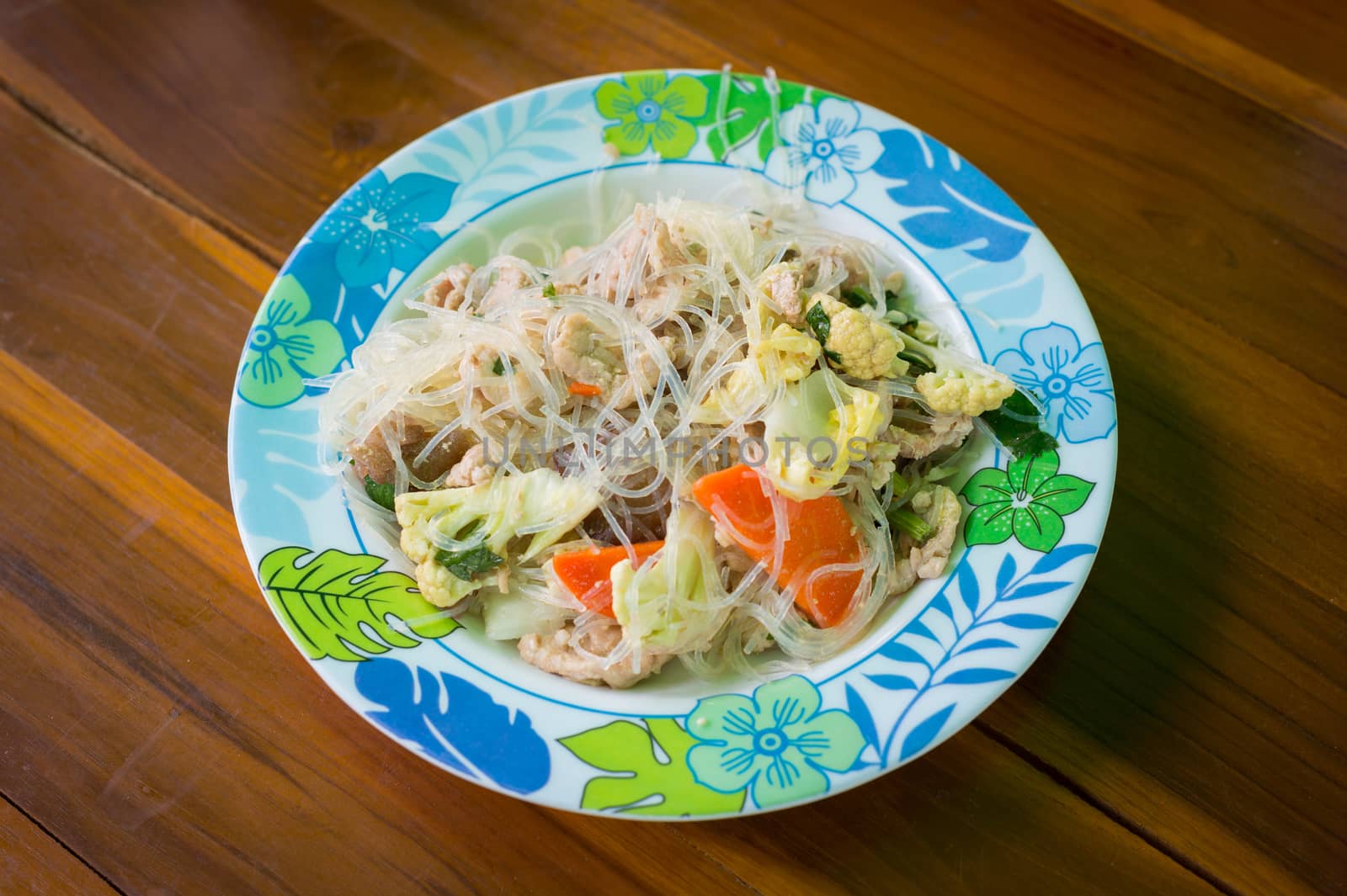 Closeup of fried vegetables put vermicelli food by sayhmog